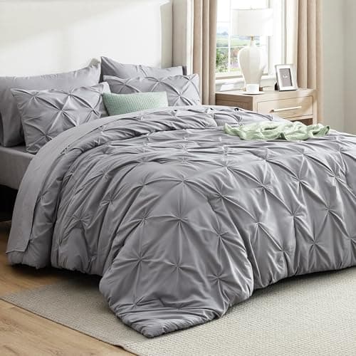 Bedsure Queen Comforter Set Grey - Bed in a Bag Queen Size 7 Pieces, GentleSoft™ Pintuck Bed Set Gift for Family, Pinch Pleat All Season Comforter with Sheets, Pillowcases & Shams - Image 1