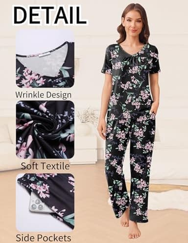Ekouaer Womens Cotton Pajamas 2 Pack Short Sleeve with Long Pant Pjs Sleepwear Black Navy Blue Medium - Image 2