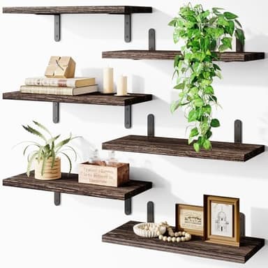 Fixwal Wood Floating Shelves - Set of 6, Wall Mounted, Farmhouse Style for Bedroom & Bathroom - Image 1