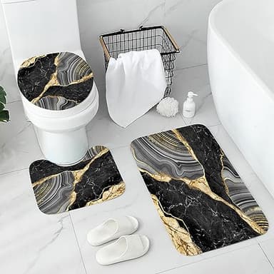 Gibelle 4 Pcs Marble Shower Curtain Set with Non-Slip Rugs, Toilet Lid Cover and Bath Mat, Luxury Black Grey Bathroom Decor Set with Shower Curtain and Rugs and Accessories - Image 3