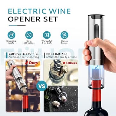 EUHOMY Electric Wine Opener with Charging Base, Wine Aerator Pourer and Foil Cutter, Stainless Steel Automatic Corkscrew Opener with Wine Vacuum Stopper, Fine Set for Wine Lovers - Image 5