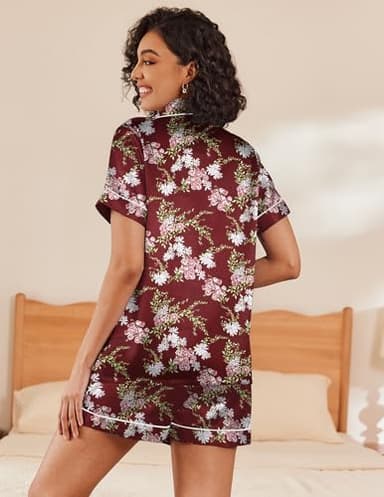 Ekouaer Silk Pajamas Set for Women 2 Piece Short Sleeve Pjs Button Up Satin Top and Shorts Sleepwear Set,Floral Wine,Large - Image 2