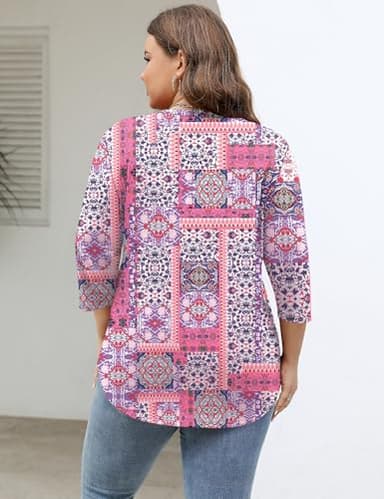 TFSDOD Womens Spring Fashion 2025 Plus Size Tops Women's V Neck Long Sleeve T Shirt Printed Tees Pink Boho XXL - Image 3