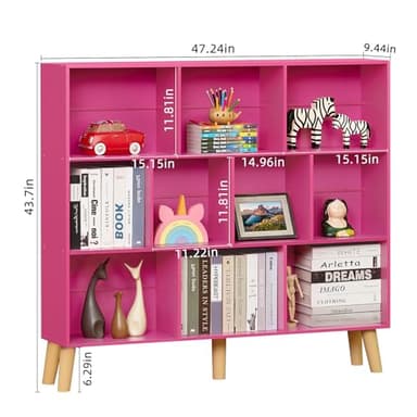 LEYAOYAO 10 Cube Bookshelf,3 Tier Modern Wide Bookcase with Legs,Mid-Century Wood Bookshelves Storage，Pink Large Book Case,Freestanding Organizer Display Shelf for Bedroom,Living Room,Office - Image 3