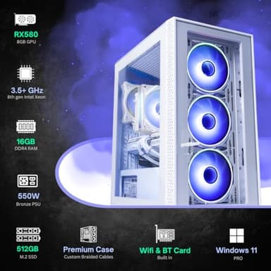 Phantom - Prebuilt Gaming PC Desktop Computer - Intel i7 Xeon 3.5GHz - 16GB RAM - 512GB M.2 SSD WiFi/BT, Win 11 Pro - Gaming Computer Tower, Pre Built PC Gameing - 1 Year Warranty (RX580 - White) - Image 2