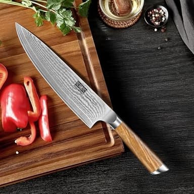 HOSHANHO 5 Pieces Kitchen Knife Sets, Ultra Sharp Professional Damascus Super Steel Chef Knives Sets with Ergonomic Olive Wood Handle, Including Chef, Bread, Santoku, Utility & Paring Knives - Image 7