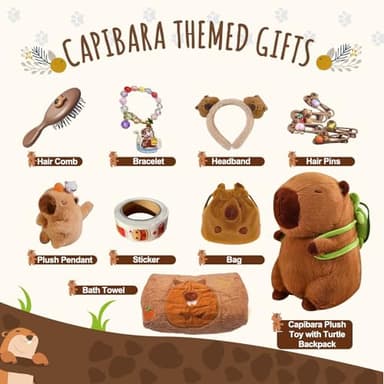 Capybara Plush Gifts for Girls 4 5 6 7 8 9 10+ Years Old, Kids Cute Capybara Toys with Stuffed Animal/Keychain/Bag/Bath Towel/Hair Pins/Bracelet/Headband, Christmas Birthday Plush Toys Set - Image 2