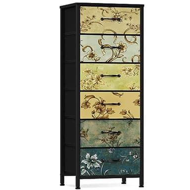 Furnulem Tall 6 Drawers Dresser, Vintage Storage Organizer Unit with Fabric Bins for Bedroom, Living Room, Closet, Nusery, Dorm, Entryway, Bedside Furniture, Sturdy Metal Frame, Wood Top - Image 1