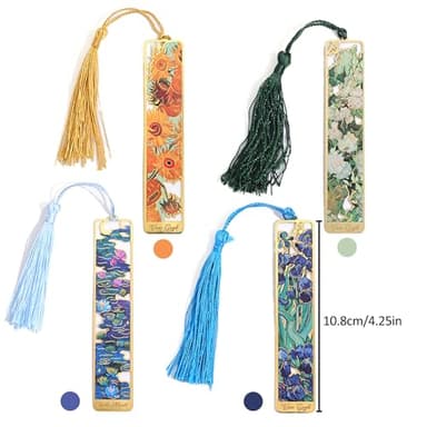 4 Pieces Metal Bookmarks with Tassel, Golden Hollow Bookmark Oil Painting Theme Book Mark Bookmarks for Book Lovers Writers Readers Children Teens Men Women Adults - Image 2
