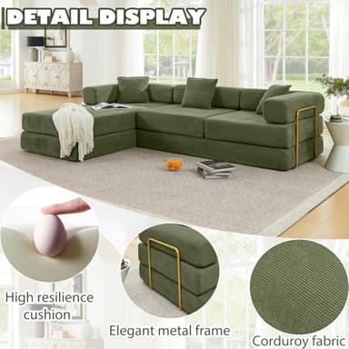 HANXIN 108" Modular Sectional Sofa, Futon Convertible Sofa Bed,Oversized Corduroy Boneless Couch for Living Room,Floor Loveseat Sleeper with Pull Out Bed,Free Combination,No Assembly Required (Green) - Image 5