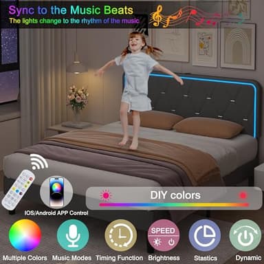 VECELO Upholstered Full Bed Frame with Headboard Adjustable, Velvet Platform Bed with LED Lights, Charging Station, Mattress Foundation with Wooden Slats, Noise Free, No Box Spring Needed, Soft Grey - Image 3