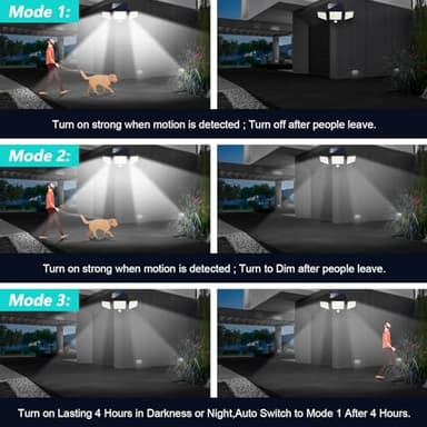 Tuffenough Solar Outdoor Lights 2500LM 210 LED Security Lights with Remote Control,3 Heads Motion Sensor Lights, IP65 Waterproof,270° Wide Angle Flood Wall Lights with 3 Modes(2 Packs) - Image 5