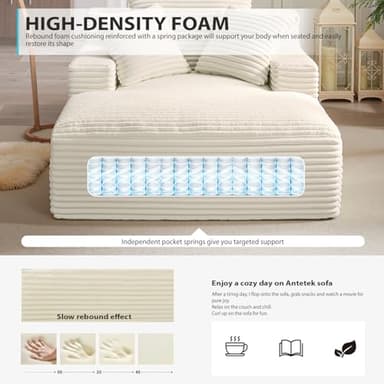 67 Inch Chaise Lounge Chair Indoor, Oversized Corduroy Upholstered Boneless Sofa Bed, Deep Seat Sleeper Couch Reading Chairs, Cloud Sofas Couches for Living Room, No Assembly Required (Beige) - Image 4