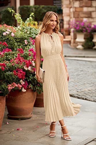 PRETTYGARDEN Women's Midi Summer Dresses Casual V Neck Swiss Dot Ruffle Sleeveless A Line Beach Sun Dress (Apricot,Medium) - Image 3