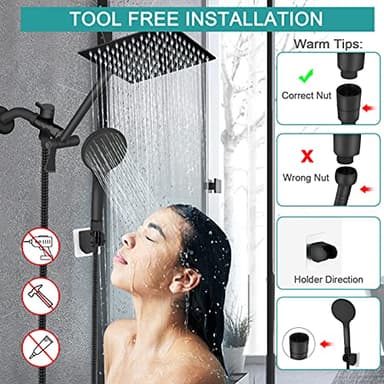 Shower Head, 8‘’ High Pressure Rainfall/Handheld Shower Combo with 11'' Extension Arm, 9 Settings, Anti-leak Shower Head with Holder, Height/Angle Adjustable, Chrome, Matte Black - Image 6