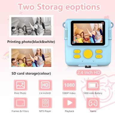 Radekly Instant Print Camera for Kids,Christmas Birthday Gifts for Age 3-12 Girls Boys，1080P HD Digital Video Cameras for Toddler,Kids Portable Toy with 3 Rolls Photo Paper，32GB Card-Blue - Image 2