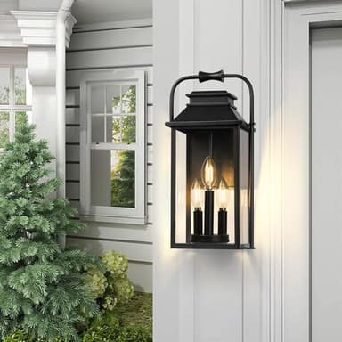 [Upgraded]PARTPHONER Outdoor & Indoor Light Fixture, 3-Lights Front Porch Light Fixtures with E12 Sockets & Glass Shade Anti-Rust Waterproof Black Wall Mount Lantern Sconce for House Gate Garage Patio - Image 3