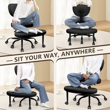 AtHope Ergonomic Cross Legged Office Chair with Wheels - Adjustable Height for Meditation, ADHD Desk & Yoga - Wide Criss Cross Design with Lumbar Support, Kneeling Chair - Black - Image 4