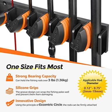 PLUSINNO V9 Vertical Fishing Rod Holders, 2 Packs Wall Mounted Fishing Pole Holders, Fishing Rod Racks Hold Up to 18 Rods or Combos, Fishing Pole Holders for Garage, Fits Most Rods of Diameter 3-19mm - Image 3
