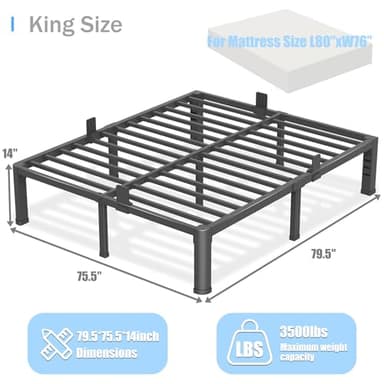 14 inch King Size Bed Frame with Round Corner Legs and Headboard Hole Mattress Slide Stopper 3500 lbs Heavy Duty Metal Platform,Steel Slat Support,No Box Spring Needed,Easy Assembly,Noise Free - Image 3