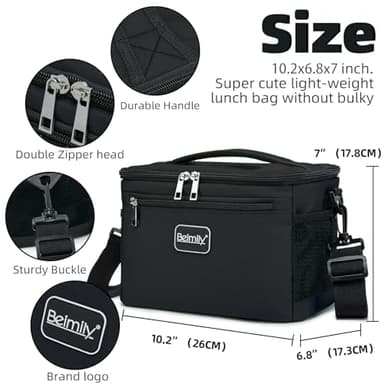 BEIMILY Lunch Box for Men/Women, Small Insulated Lunch Bag, Leak-Proof Soft Cooler Tote Bag, Reusable LunchBox for Work, Travel, Fitness, Picnic with Adjustable Shoulder Strap for Adults (Black) - Image 2