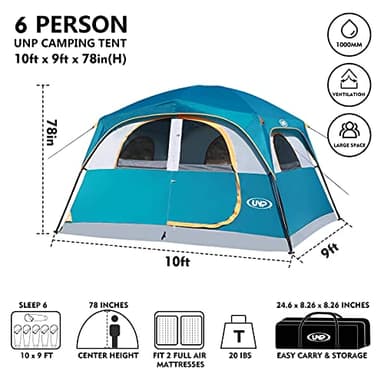UNP Tents for Camping 6 Person Waterproof Windproof Easy Setup,Double Layer Cabin Tents with 1 Mesh Door & 5 Large Mesh Windows -10'X9'X78in(H) Blue - Image 2