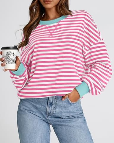 BTFBM Womens Oversized Striped Sweatshirt Crewneck Long Sleeve Pullover Top Casual Y2K Fall Clothes 2025 Workout Shirt(Pink White, X-Large) - Image 5