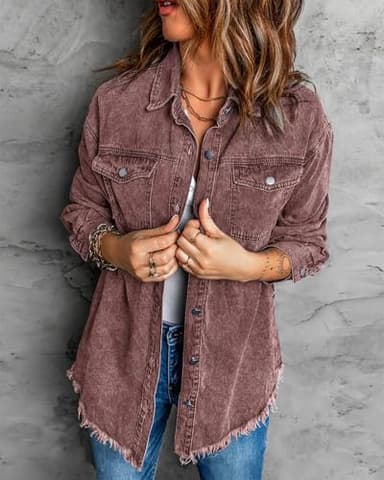 Vetinee Women's Oversized Boyfriend Brown Stone Front Button Up Frayed Raw Hem Long Sleeve Pockets Denim Jean Jacket Shacket Large Size 12 Size 14 - Image 5