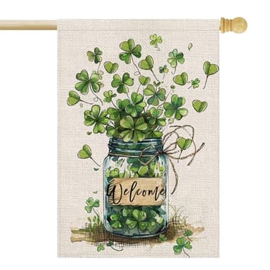 FUYUCHEN St Patricks Day Shamrocks Mason Jar House Flag 28x40 Inch Double Sided Large Burlap for Outside Green Lucky Clovers Welcome Yard Holiday Flag - Image 1