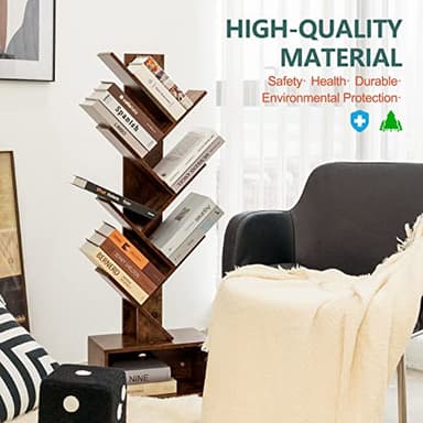 Yoobure Tree Bookshelf - 6 Shelf Retro Floor Standing Bookcase, Tall Wood Book Storage Rack for CDs/Movies/Books, Utility Book Organizer Shelves for Bedroom, Living Room, Home Office, Rustic Brown - Image 8