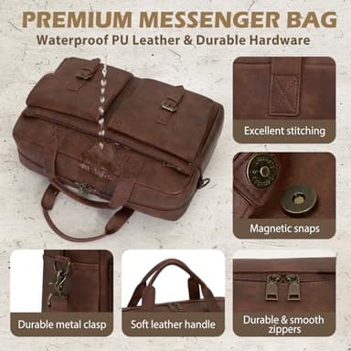 RAINSMORE Messenger Bag for Men 16 Inch Leather Laptop Bags Work Computer Briefcase Vintage Mens Satchel Shoulder Bag for Work, Office, Business, Travel, Brown - Image 5