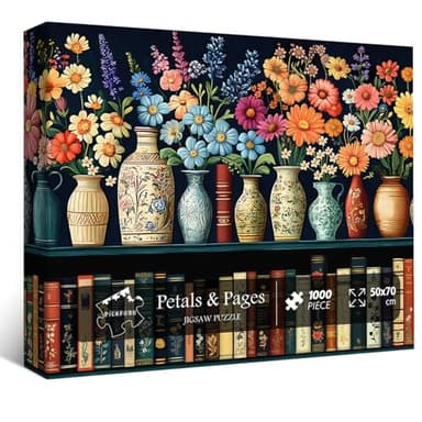 Wildflower Puzzles for Adults 1000 Pieces, PICKFORU Vintage Flower Book Puzzle, Wildflower Pages Jigsaw Puzzle for Book Lover, Floral Art Bookshelf Library Puzzles - Image 1