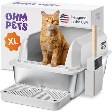 OHM Pets XL Cat Litter Box Stainless Steel - 20L Non-Stick Extra Large Stainless Steel, Rust-Proof, Anti-Leak Metal Litter Box High Sides w/Scoop & Tray, Light Grey - Image 7