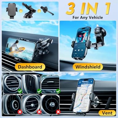 Phone Holders for Your Car 2025 Upgraded Military-Grade Strongest Suction & Stable Clamp Arm Car Phone Holder Mount 360°Adjustable for Dashboard, Windshield, Air Vent for iPhone Samsung, Carbon Fiber - Image 3