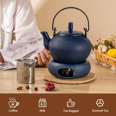 TEATALK Ceramic Teapot with Warmer: 27 oz Large Tea Pot with Infuser for Loose Tea, Blue Teapot with Strainer - Image 5