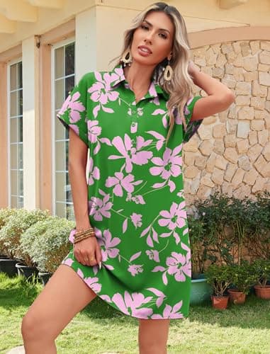 HOTOUCH Loose Fit Dresses for Women 2025 Summer Beach Button Down Short Sleeve Dress Fashion Cover Up Sundress Green XL - Image 2