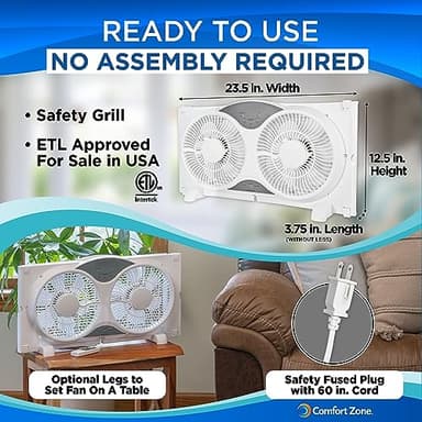 Comfort Zone Window Fan for Bedroom, 9 inch 3 Speed Dual Fans with Auto-Locking Expanders, 3 Modes (Cool, Circulate, Exhaust), Remote Control, Fabric Cover plus Bug Screen, White - Image 7