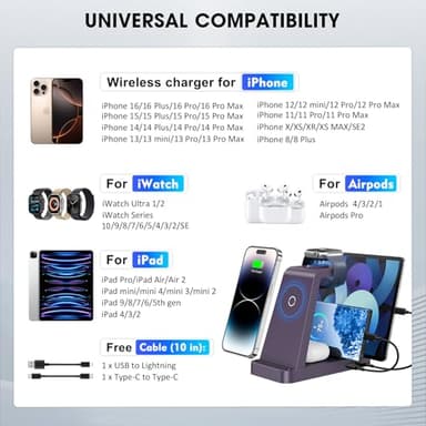 Wireless Charger for iPhone - 5 in 1 Charging Station for Multiple Devices Apple: Fast Wireless Charging Stand Dock for iPhone 17 16e 16 15 14 13 12 Pro Max Apple Watch Airpods (Purple) - Image 3