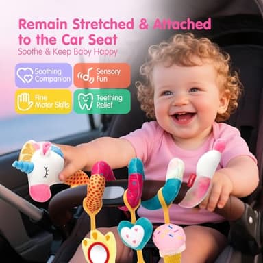 hahaland Car Seat Toys for Babies 0-6 Months Girl - Baby Toys 3-6 Months - Rattle, Mirror, Crinkle, Squeaky Carseat Stroller Toy 0-6 Months Developmental Newborn Baby Girl Birthday Gifts - Image 3