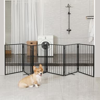 Paulmele Metal Freestanding Dog Gates with Door for Outdoor Indoor,120'' Extra Wide 32'' Tall Free Standing Dog Gate for Doorways,Large Openings,Deck,Yard,Porch,Foldable Pet Fence(Black,6 Panels) - Image 7