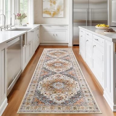 Madane Runner Rug 2x8, Washable Hallway Runner Rugs, Non-Slip Low-Pile Soft Kitchen Rug Runner Laundry Room Rug, Vintage Throw Entry Foyer Mat for Entrance Living Room (Turmeric/Grey, 2 x 8) - Image 3