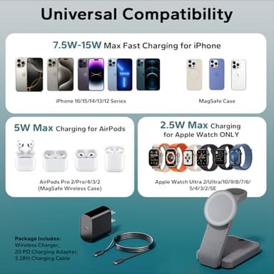 Eazpower 3 in 1 Foldable Wireless Charging Station for MagSafe, Nightstand Magnetic Charger Stand for iPhone 16 15 14 13 Pro Max, Travel Charging Dock with Night Light for Apple Watch/AirPods (Gray) - Image 5