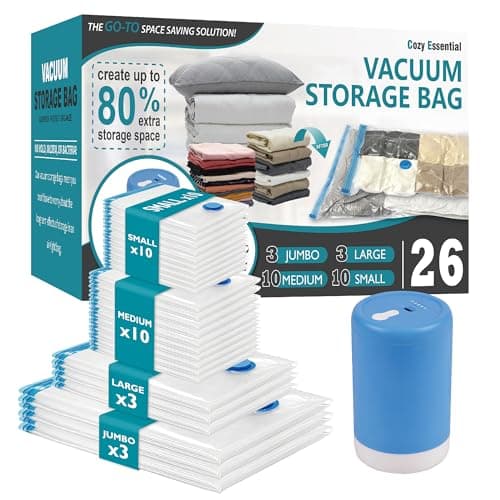 Cozy Essential 26 Pack Vacuum Storage Bags with Portable Electric Pump, Vacuum Seal Space Saver Bags for Clothing, Pillows, Blanket, Bedding, Comforters - Image 1