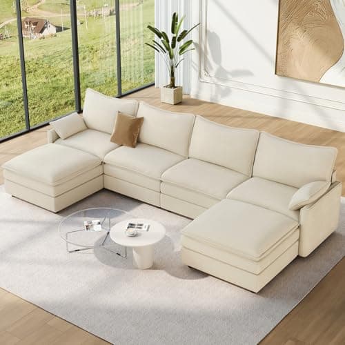 Vesgantti 142" U Shaped Sectional Couch, Comfy Cloud Modular Sectional Sofa with 2 Ottoman Deep Seat Chenille Modern Cloud Sofa, Modular Sofas for Living Room, Bedroom and Apartment, Beige - Image 1