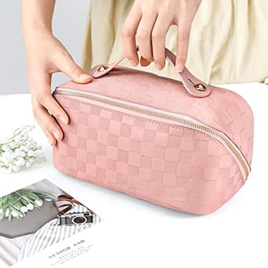 ALEXTINA Travel Makeup Bag, Vegan Leather Large Capacity Cosmetic Bags for Women,Waterproof Portable Pouch Open Flat Toiletry Bag Makeup Bag Organizer with Fixed Divider, Pink - Image 6