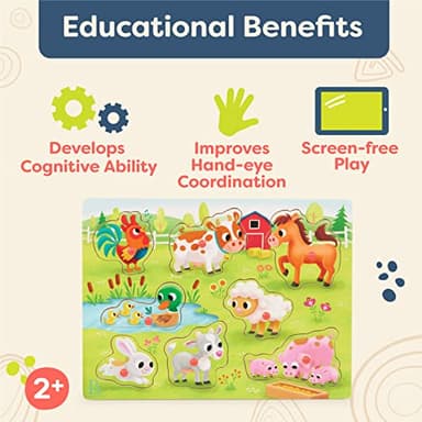 B. toys – Peek & Explore – Farm Animals – Wooden Peg Puzzle – Farm Puzzle for Toddlers, Kids – 8 Farm Animal Pieces – Cow, Horse, Sheep & More – 2+ Years - Image 3