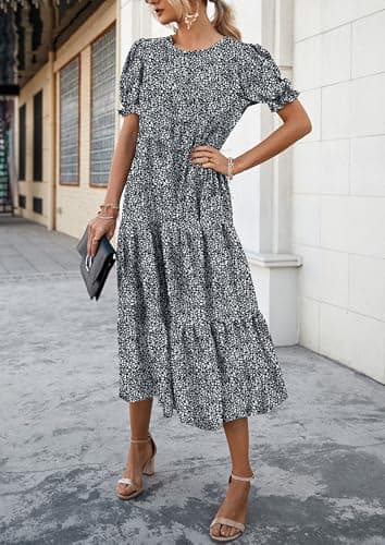 PRETTYGARDEN Summer Dresses for Women 2025 Casual Floral Boho Midi Sun Dress Puff Short Sleeve Flowy Beach Vacation Sundress (Black/White,Large) - Image 5