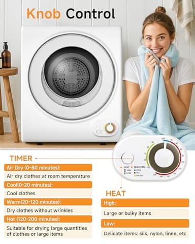 Gleedelish 10 LBS Portable Dryer, 1.5 Cu.Ft. Portable Clothes Dryer with Knob Control, Stainless Steel Drum, Exhaust Pipe, 850W Drying Machine for Apartment, Dorm, Home, White - Image 3