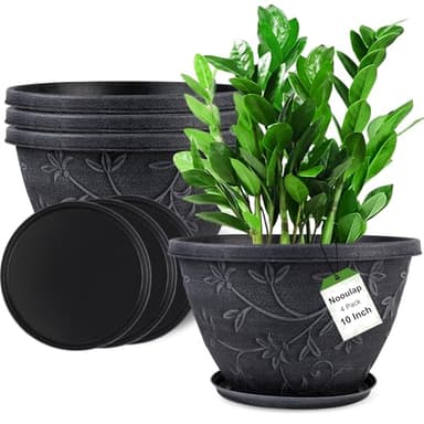 Nooulap 4 Pack 10 Inch Plant Pot for Outdoor Indoor, Plastic Flower Pots with Drainage Hole & Saucer, Lightweight Small Resin Flower Pot, Imitation Magnolia Planter Pots for Garden House（Gray） - Image 1