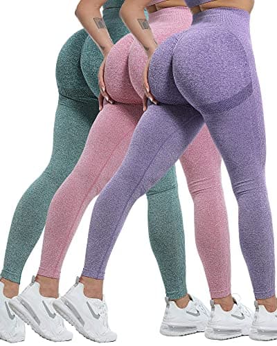 CHRLEISURE Workout Leggings Sets for Women, Gym Scrunch Butt Butt Lifting Seamless Leggings 3 Piece (ForestGreen, Pink, Purple, XL) - Image 1
